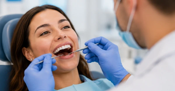Patient receiving a routine dental checkup from a dentist in Palm Springs