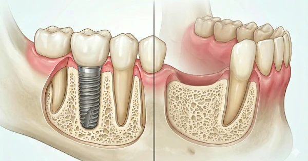 Dental illustration comparing a healthy jawbone with a dental implant (left) and a jaw with significant bone loss after missing teeth (right), showing reduced bone height and gum shrinkage affecting implant placement.