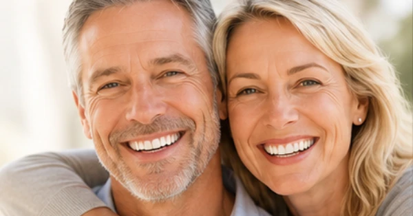 Smiling older couple representing restored confidence with dental implants in Palm Desert
